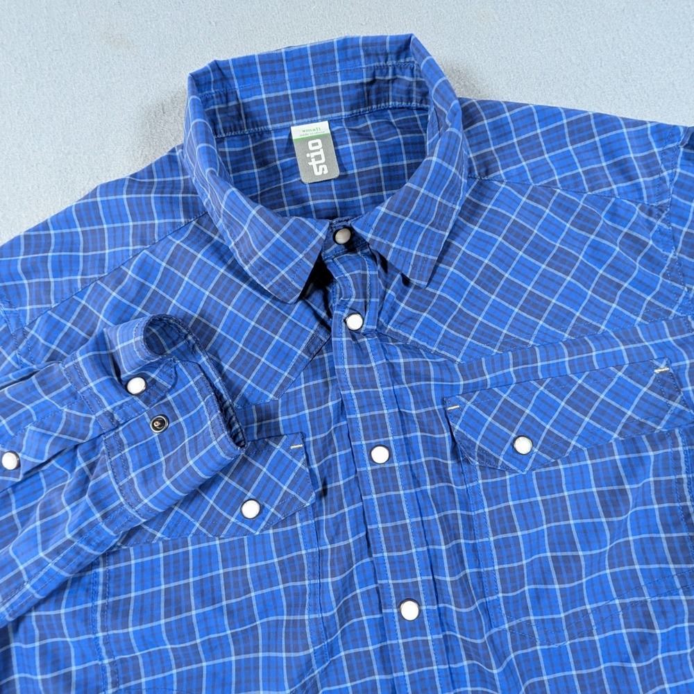 Stio Button Down Shirt Mens Small Blue Plaid Long Sleeve Pearl Snap Outdoor